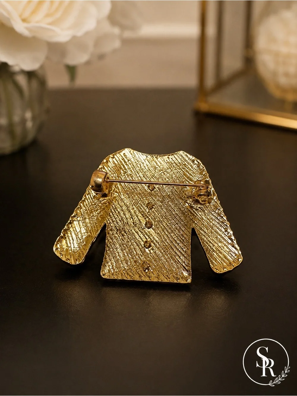 NWT Designer Sweater Jacket Brooch Gold Tone Enamel Faux Pearl